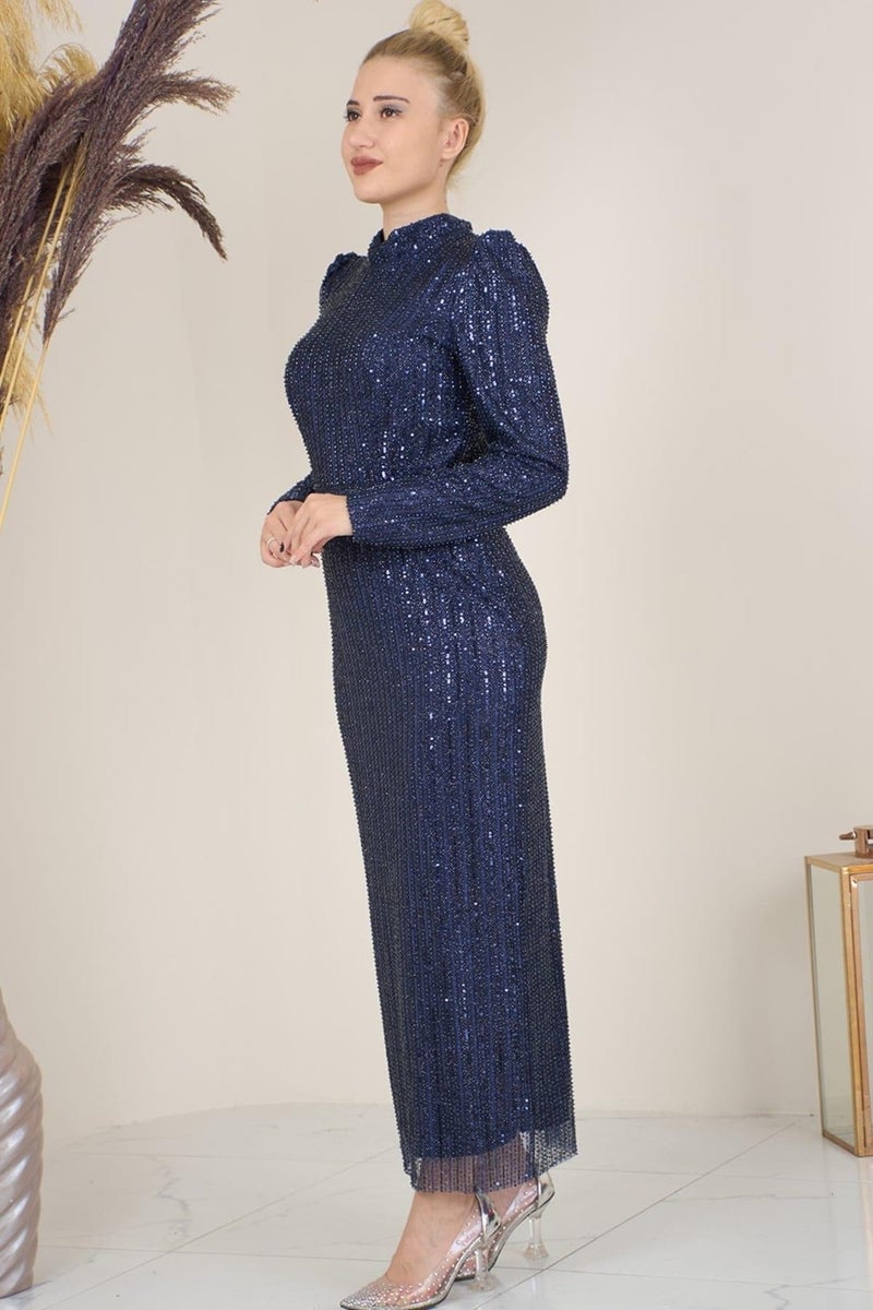 Esilanur Tulle Beaded Ankle Length Asel Hijab Evening Dress Navy Blue  - Image 1
