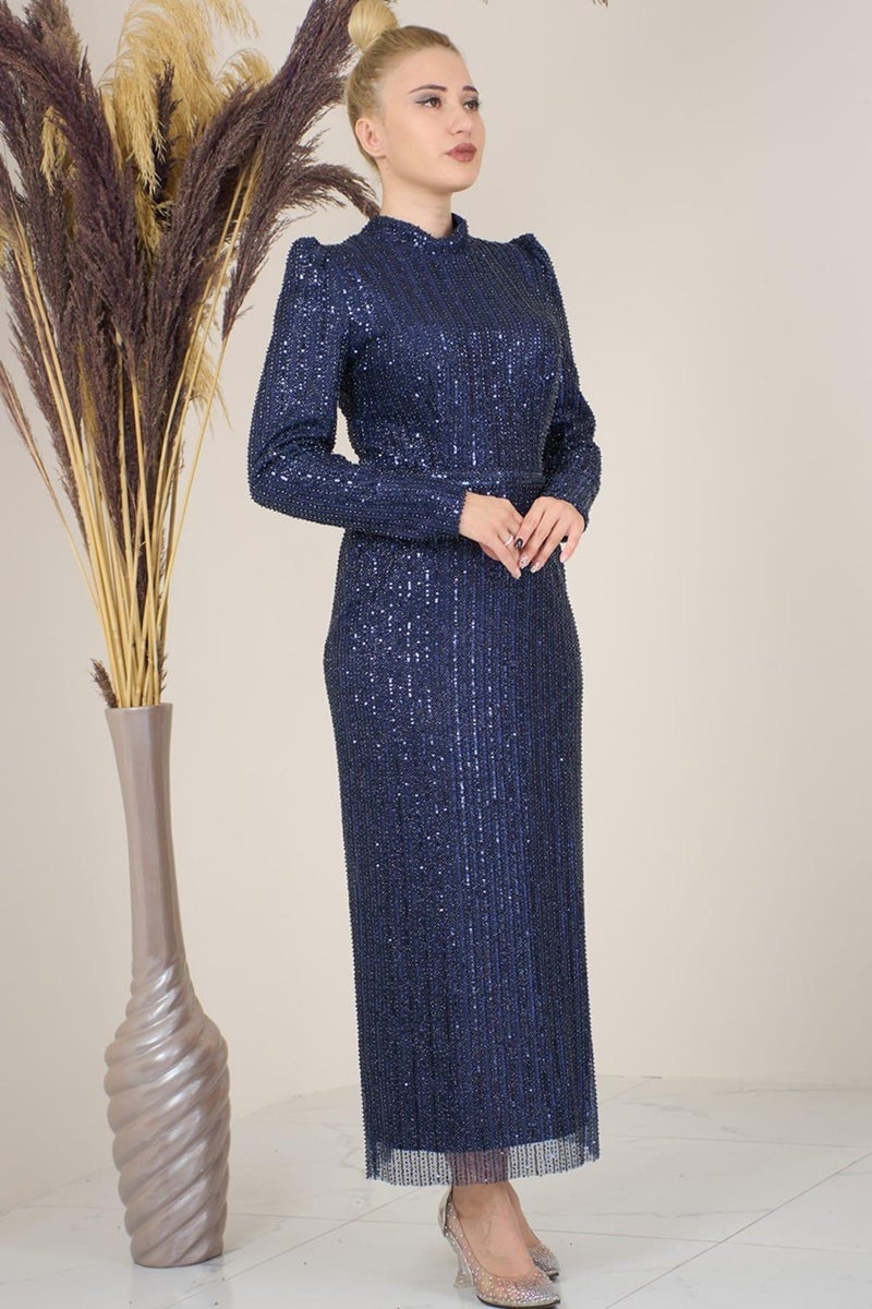 Esilanur Tulle Beaded Ankle Length Asel Hijab Evening Dress Navy Blue  - Image 3