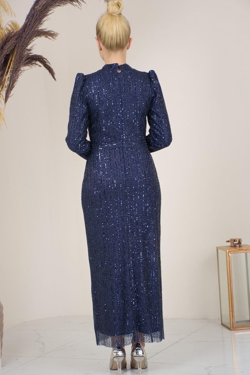 Esilanur Tulle Beaded Ankle Length Asel Hijab Evening Dress Navy Blue  - Image 4