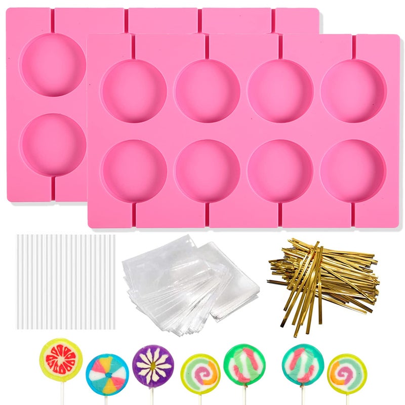 Fusang Fusang 2Pcs 8 Capacity Silicone Lollipop MoldsHard Candy Chocolate Sucker Mold with 20pcs 315 inch Lollypop Sucker Sticks100pcs Candy Treat Bags100pcs Gold Ties