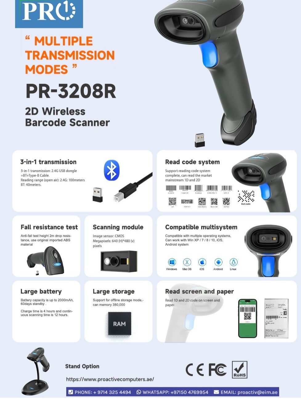 PR-3208R Usb Wireless Barcode Scanner With Standsymcode Barcode Scanner Wireless Versatile Rechargeable Cordless 1D/2D Barcode Reader Usb Handheld Bar Code Scanner Wireless With CRADLE , USB, DONGLE