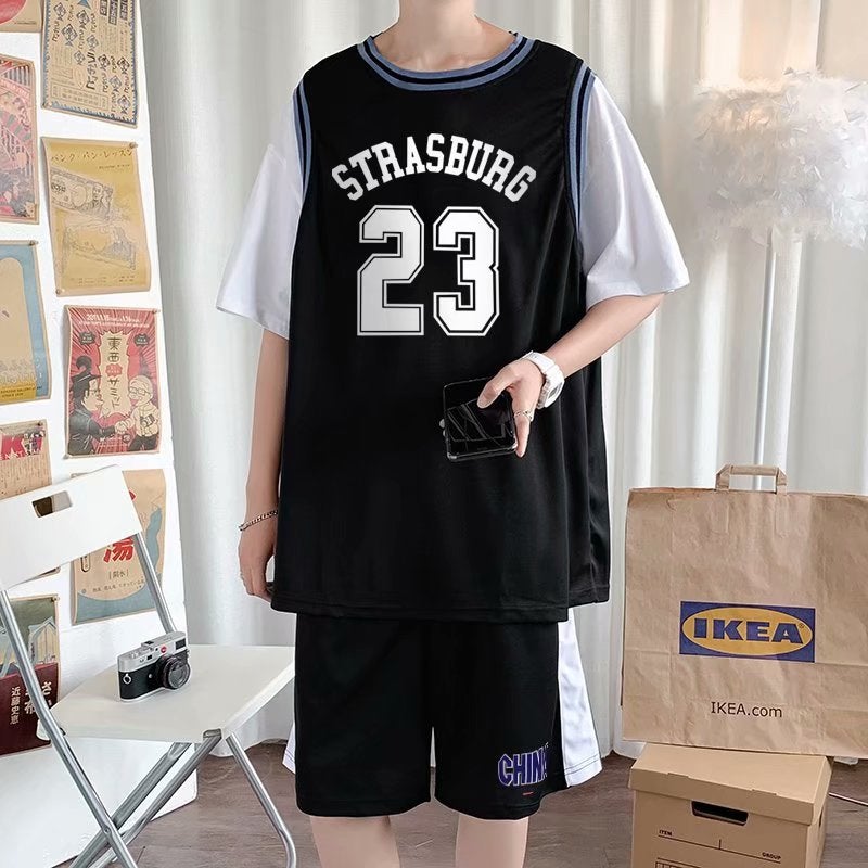Mens Summer Basketball Kit 23 Sleeveless Top Shorts Set Black  - Image 3