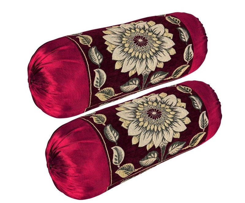 HSR Collection Chenille Shuttle lace Bolsters Covers (32 x 16 Inches, Maroon) - Pack of 2 - Image 2