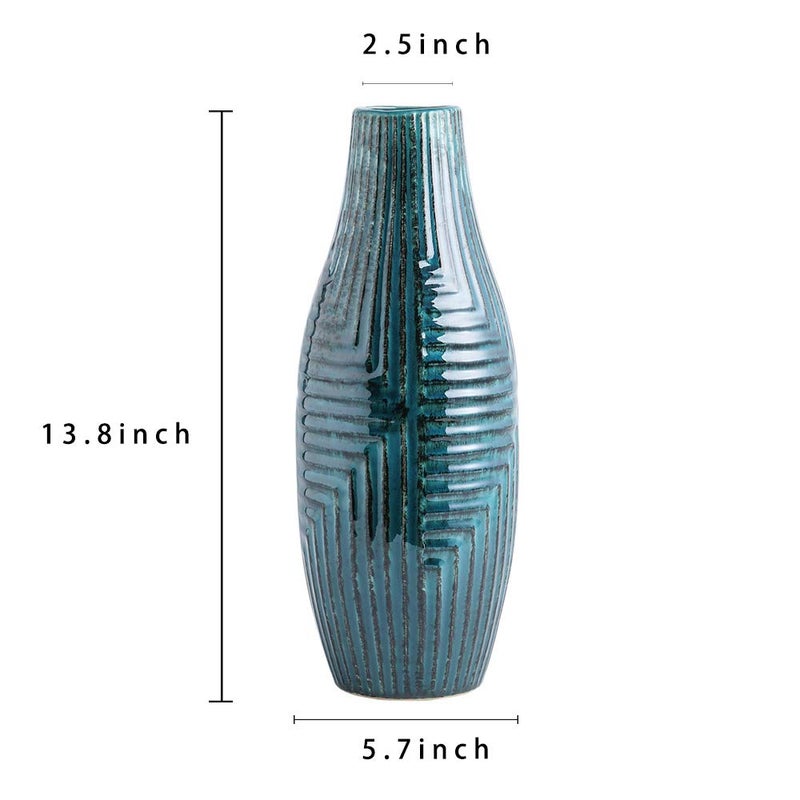 Hjn Ceramic Vase- Teal Vase For Home Decor  Flower Vase For Centerpieces  Modern Decor Vases For Living Room/Bookshelf/Mantel/Home Decor Accents - Teal Texture-Medium-13.8"" H - Image 3
