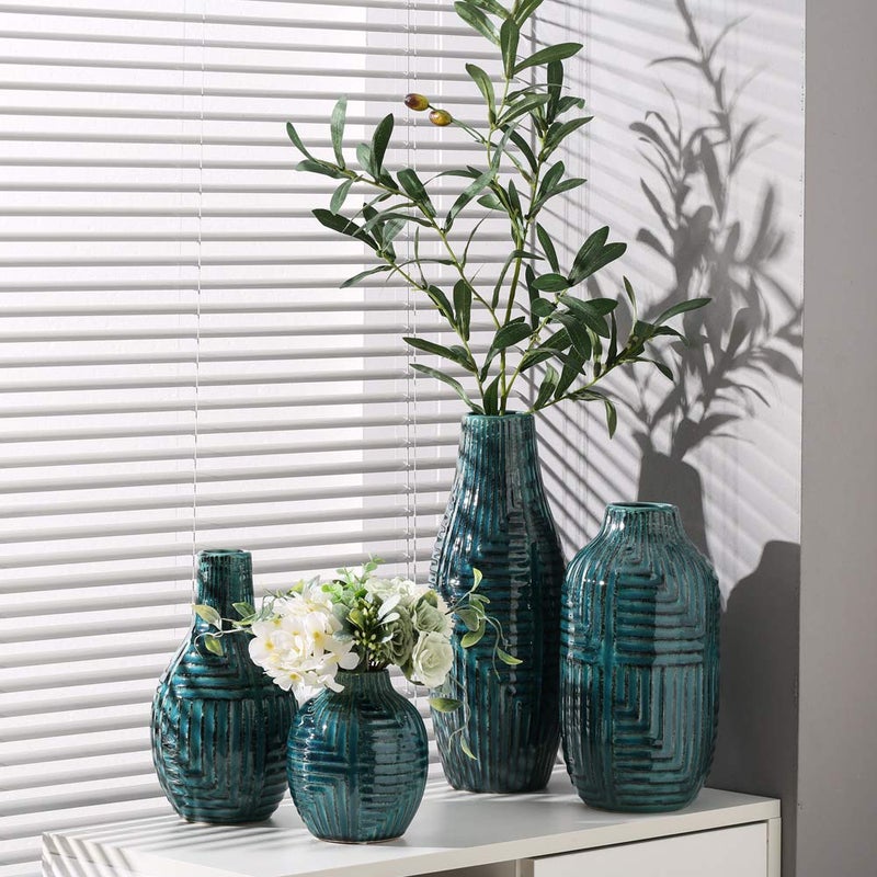 Hjn Ceramic Vase- Teal Vase For Home Decor  Flower Vase For Centerpieces  Modern Decor Vases For Living Room/Bookshelf/Mantel/Home Decor Accents - Teal Texture-Medium-13.8"" H - Image 4