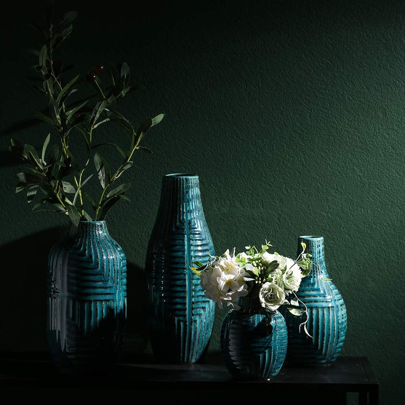 Hjn Ceramic Vase- Teal Vase For Home Decor  Flower Vase For Centerpieces  Modern Decor Vases For Living Room/Bookshelf/Mantel/Home Decor Accents - Teal Texture-Medium-13.8"" H - Image 5