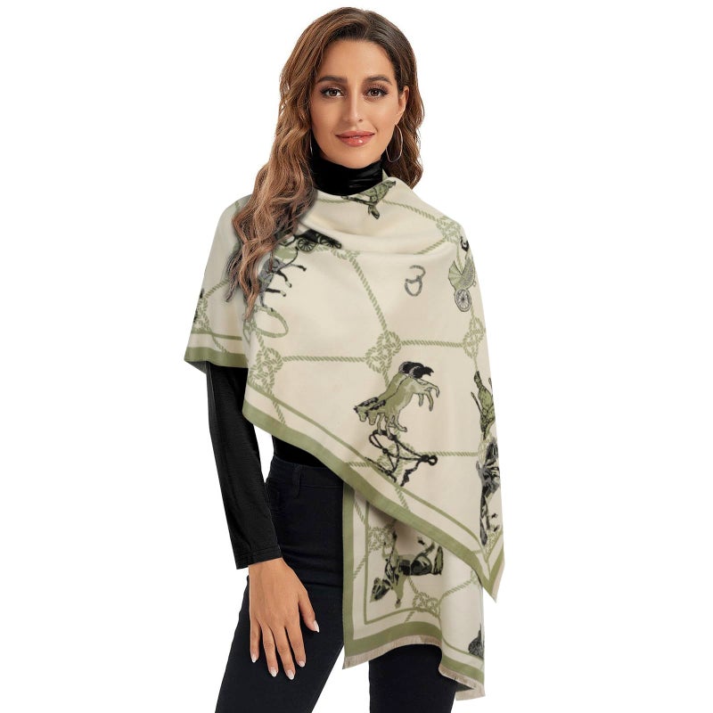 EXTREE Scarfs for Women Pashmina Silky Shawl Wrap for Evening Dressing Blanket Open Front Poncho Cape (AIL-white-horse) - Image 1