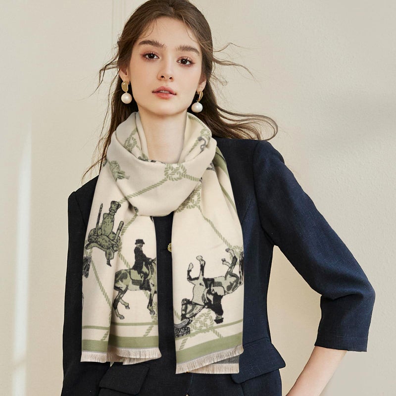 EXTREE Scarfs for Women Pashmina Silky Shawl Wrap for Evening Dressing Blanket Open Front Poncho Cape (AIL-white-horse) - Image 2