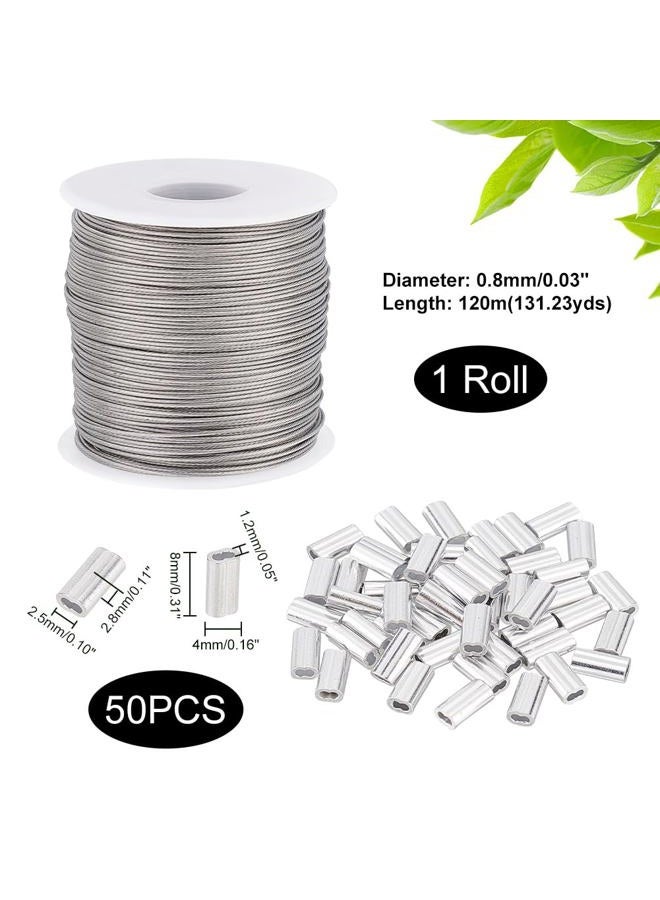 AHANDMAKER 304 Stainless Steel Wire Cable, 393 Ft Length 1/32 Wire Rope with 50 Pcs Rectangle Aluminum Crimping Sleeves for Party Decro String, Clothesline, Easy to Hang - Image 2