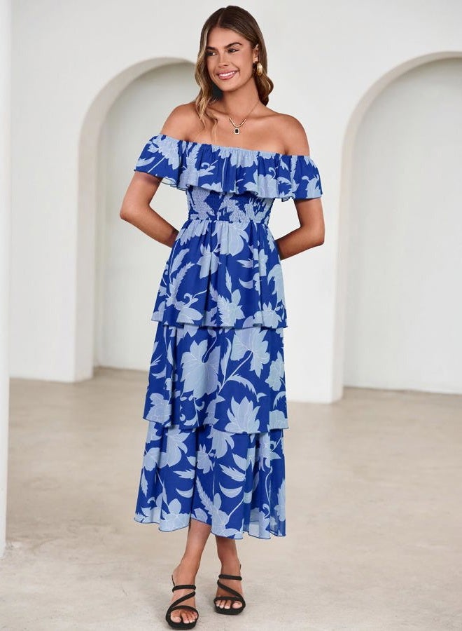 SIMPLEE Womens Floral Wedding Guest Dress Spring Summer 2026 Chiffon Boho Off Shoulder Smocked Tiered Flowy Maxi Dresses, Blue-2, XL - Image 2