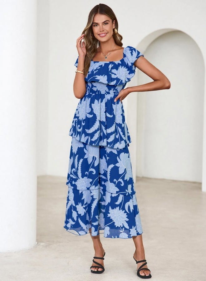 SIMPLEE Womens Floral Wedding Guest Dress Spring Summer 2026 Chiffon Boho Off Shoulder Smocked Tiered Flowy Maxi Dresses, Blue-2, XL - Image 3