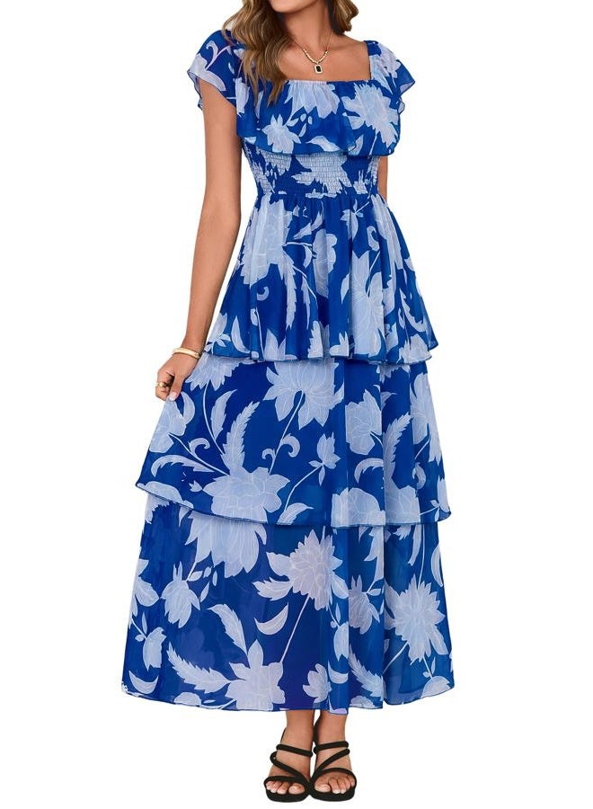 SIMPLEE Womens Floral Wedding Guest Dress Spring Summer 2026 Chiffon Boho Off Shoulder Smocked Tiered Flowy Maxi Dresses, Blue-2, XL - Image 1