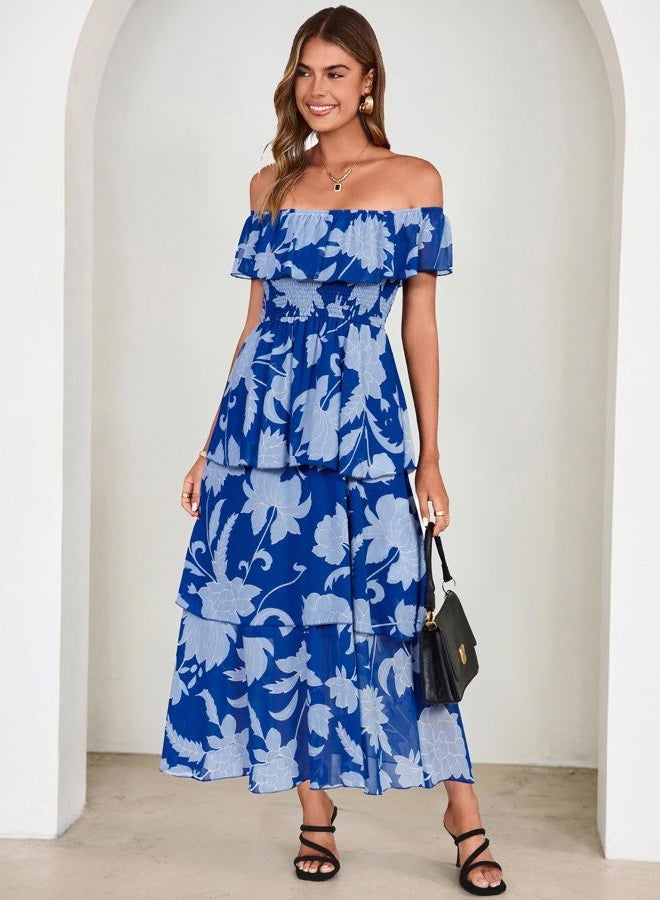 SIMPLEE Womens Floral Wedding Guest Dress Spring Summer 2026 Chiffon Boho Off Shoulder Smocked Tiered Flowy Maxi Dresses, Blue-2, XL - Image 5