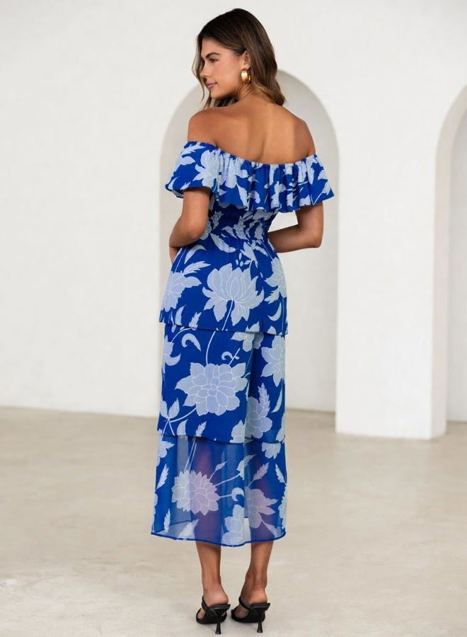 SIMPLEE Womens Floral Wedding Guest Dress Spring Summer 2026 Chiffon Boho Off Shoulder Smocked Tiered Flowy Maxi Dresses, Blue-2, XL - Image 4