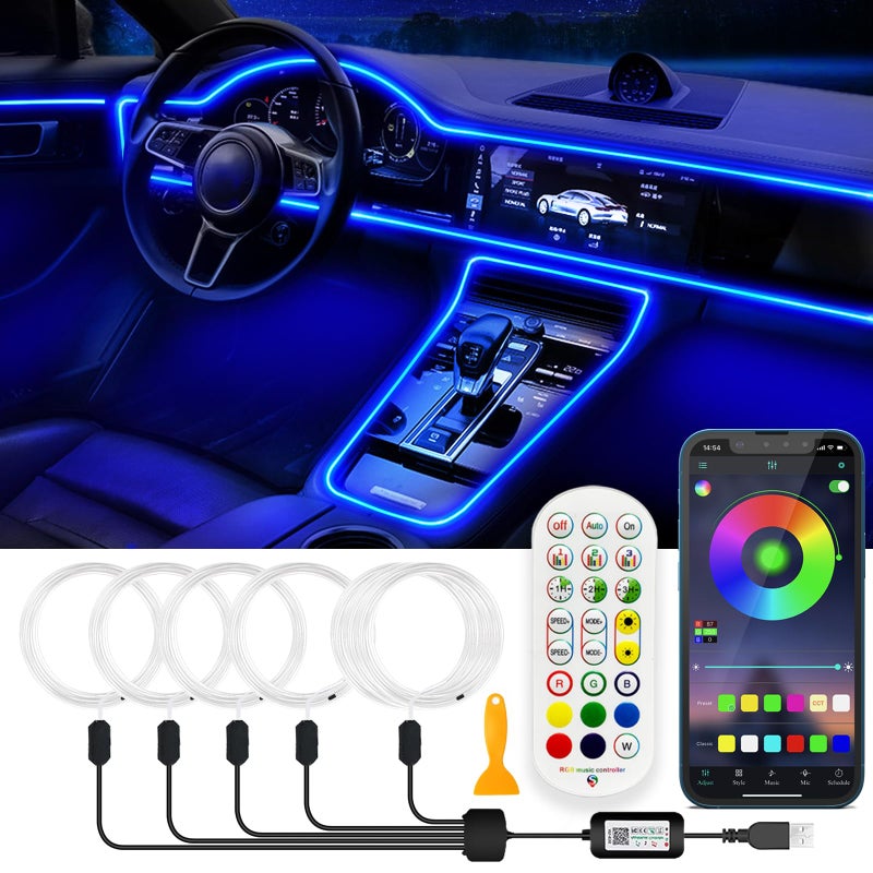 Jushope Interior Car LED Strip Lights RGB USB Car Ambient Lighting with Fiber Optic EL Wire Car Accessories 5 in 1