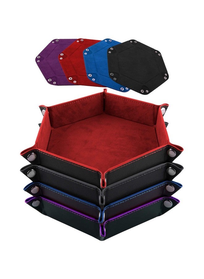 SIQUK 4 Pieces Dice Tray Set Foldable Dice Trays Hexagon Dice Rolling Tray PU Leather Dice Holder for Dice Games Like RPG, DND and Other Table Games (Red, Black, Blue and Violet) - Image 1