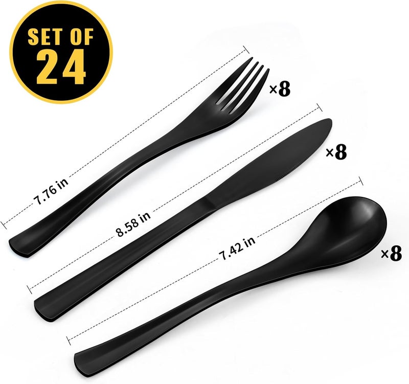 Bysta 24 Piece Black Silverware Set Knife Fork Spoon Set Stainless Steel Flatware Cutlery Set Kitchen Utensil Set Service for 8 Tableware Set for Home and Restaurant Dishwasher Safe Satin Finish - Image 2