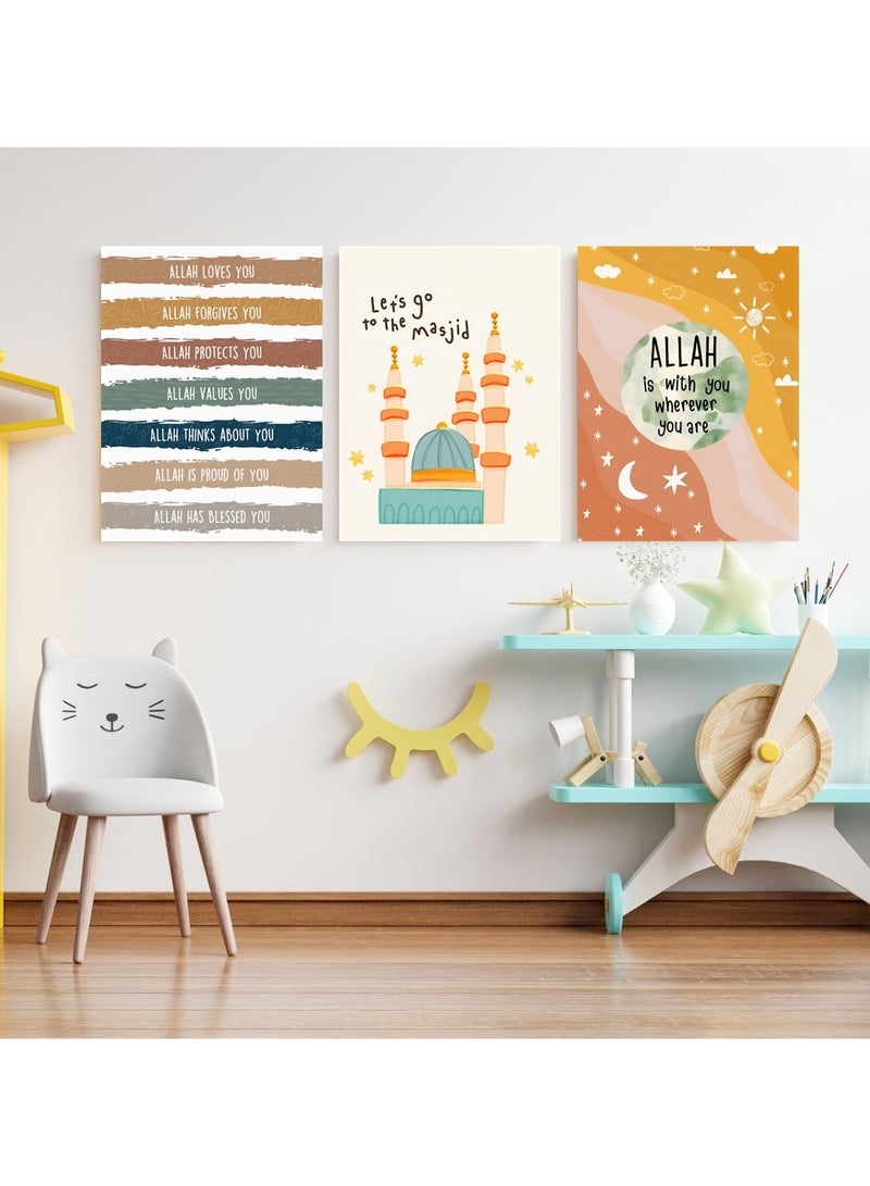 Tableau of three islamic decor Quran and quotes kids room  - nursery room