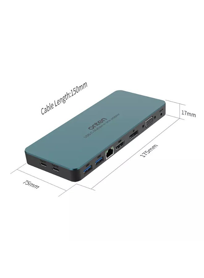 onten 9188s USB-C Docking Station 9-in-1, VGA 1080P@60Hz, Displayport 4K, HDMI 4K, 3.5MM Jack, RJ45 1000M, USB 3.0 X2, USB-C Data, USB-C PD 3.0 @100W - Image 3