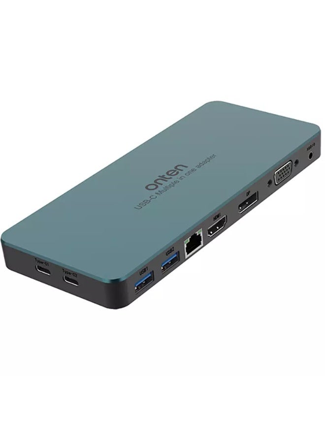 onten 9188s USB-C Docking Station 9-in-1, VGA 1080P@60Hz, Displayport 4K, HDMI 4K, 3.5MM Jack, RJ45 1000M, USB 3.0 X2, USB-C Data, USB-C PD 3.0 @100W - Image 1