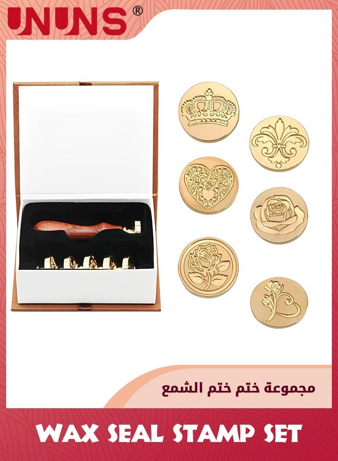 UNUNS Wax Seal Stamp Set,6 Pieces Sealing Wax Stamps Copper Seals And 1 Wooden Hilt,Romantic Rose Heart Flower Sealing Wax Stamps Gift Kit For Parcels Cards Envelopes,Invitations,Maps,Gifts Sealing - Image 1