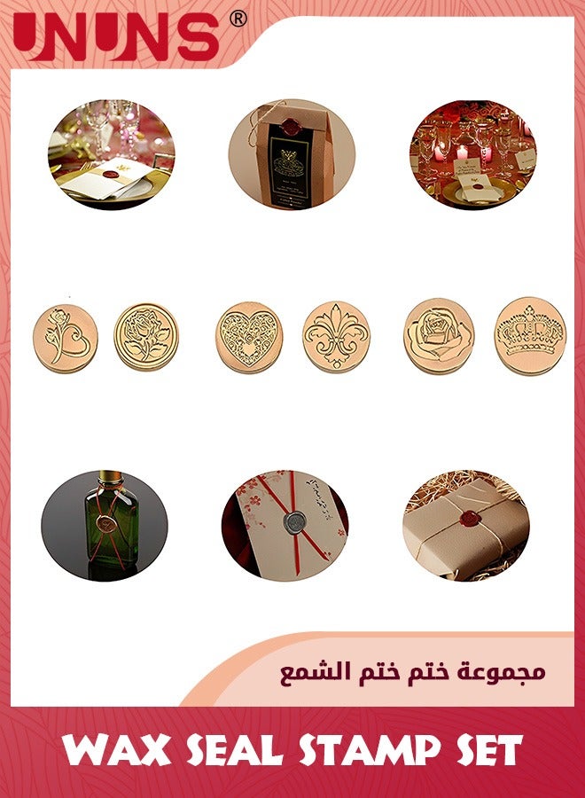 UNUNS Wax Seal Stamp Set,6 Pieces Sealing Wax Stamps Copper Seals And 1 Wooden Hilt,Romantic Rose Heart Flower Sealing Wax Stamps Gift Kit For Parcels Cards Envelopes,Invitations,Maps,Gifts Sealing - Image 3