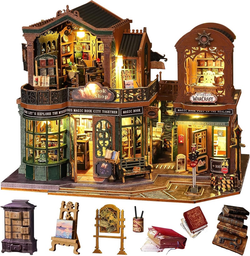 Spilay Spec compliant trusted quality DIY Miniature Dollhouse Set with Wooden Furniture and LED Music Box dust Cover DIY Dollhouse Set, Handmade Craft Gifts for Birthdays, Christmas and Valentine's Day-(Twilight Book City) Anti topple design - Image 1