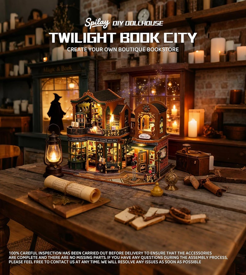 Spilay Spec compliant trusted quality DIY Miniature Dollhouse Set with Wooden Furniture and LED Music Box dust Cover DIY Dollhouse Set, Handmade Craft Gifts for Birthdays, Christmas and Valentine's Day-(Twilight Book City) Anti topple design - Image 4