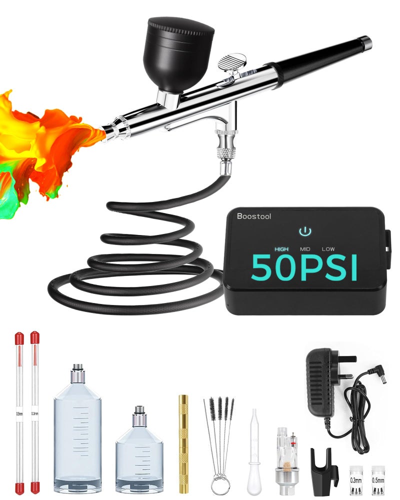 boostool 50 PSI Airbrush Kit with Air Compressor, High Pressure Portable Air Brush Gun with 0.2/0.3/0.5mm Nozzle/Cleaning Sets, Airbrush Spray Gun Set for Painting, Makeup, Cake Decor, Tattoo, Nails Art - Image 1