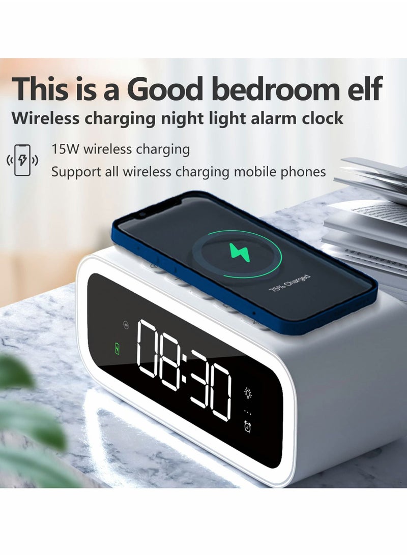 KASTWAVE - Digital Alarm Clock with Wireless Charging 15W, Multifunctional Clock with Time, Date, Temperature Display, Two Light Sources Night Lights Modern LED for Bedroom Office - Image 1