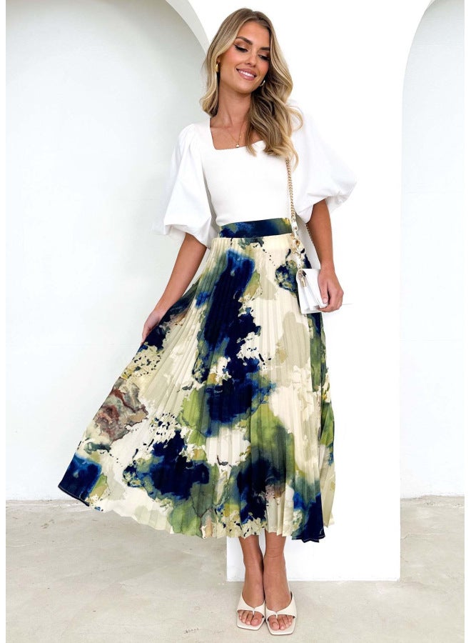 Summer High-end Oil Painting Printed Pleated Skirt European And American Draped A- Shaped Pleated Skirt For Women
