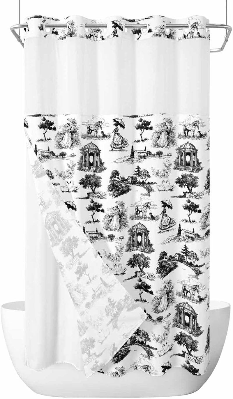 No Hook Shower Curtain and Liner Set, Farmhouse Country Snap in Shower Curtain Set, Retro French Garden Horse Swan Waterproof Fabric Bathroom Curtain with See Through Top Window 36"x78" - Image 1