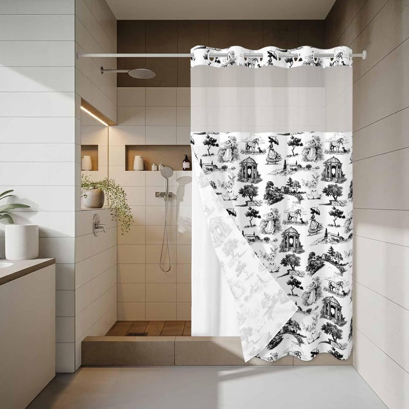 No Hook Shower Curtain and Liner Set, Farmhouse Country Snap in Shower Curtain Set, Retro French Garden Horse Swan Waterproof Fabric Bathroom Curtain with See Through Top Window 36"x78" - Image 3