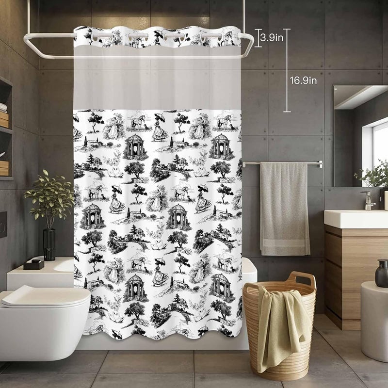No Hook Shower Curtain and Liner Set, Farmhouse Country Snap in Shower Curtain Set, Retro French Garden Horse Swan Waterproof Fabric Bathroom Curtain with See Through Top Window 36"x78" - Image 4