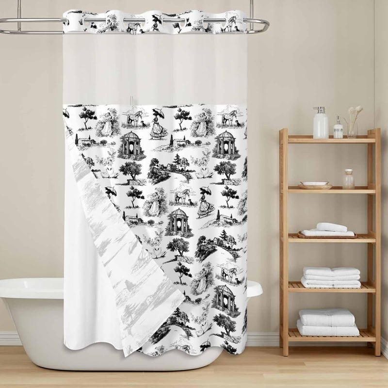 No Hook Shower Curtain and Liner Set, Farmhouse Country Snap in Shower Curtain Set, Retro French Garden Horse Swan Waterproof Fabric Bathroom Curtain with See Through Top Window 36"x78" - Image 2