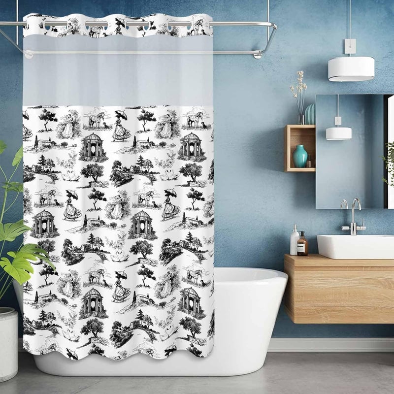 No Hook Shower Curtain and Liner Set, Farmhouse Country Snap in Shower Curtain Set, Retro French Garden Horse Swan Waterproof Fabric Bathroom Curtain with See Through Top Window 36"x78" - Image 5