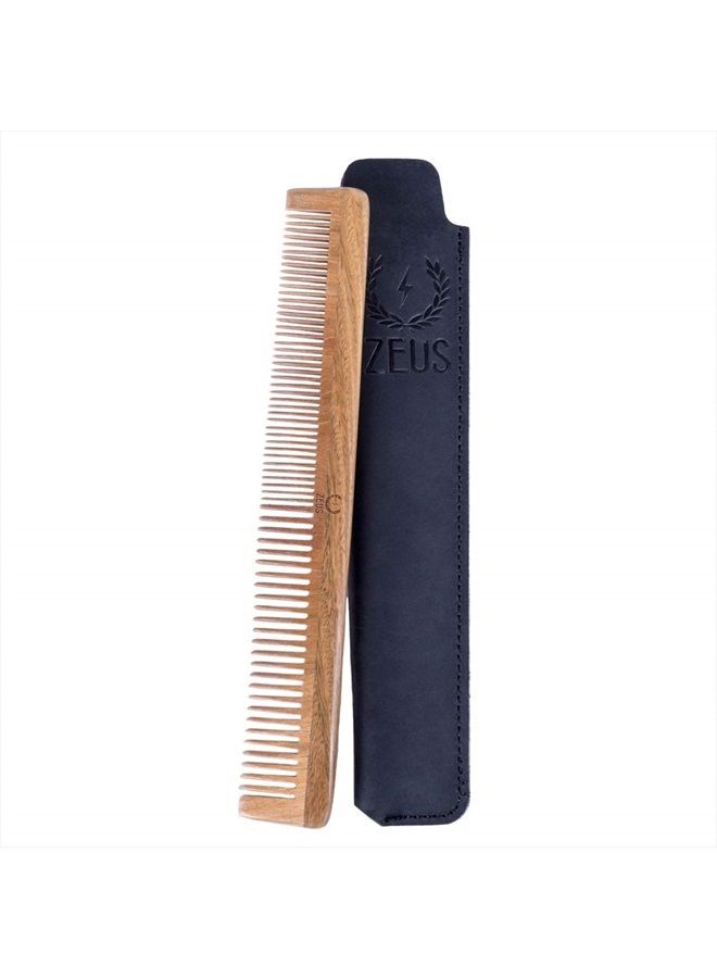 Zeus Sandalwood Beard & Mustache Comb w/Leather Sheath. Handmade Saw-Cut, Anti-Static Comb - L31 - Image 1