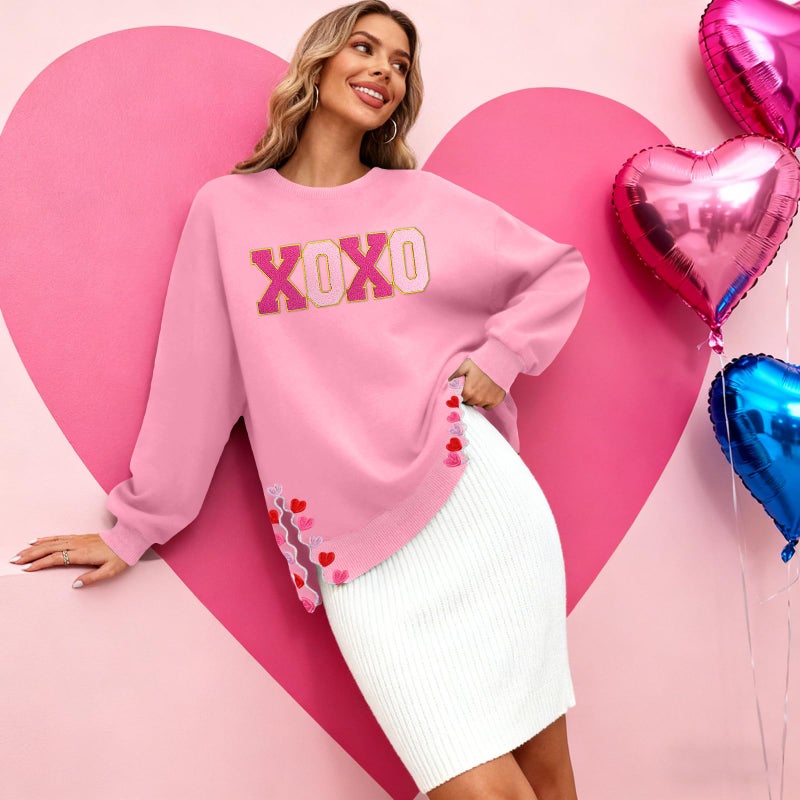PECHAR Valentine Sweatshirts Women Love Valentines Shirts Embroidered Crewneck Long Sleeve Tops With Side Heart Applique - Image 2