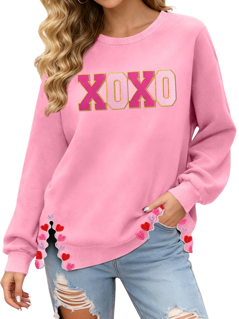 PECHAR Valentine Sweatshirts Women Love Valentines Shirts Embroidered Crewneck Long Sleeve Tops With Side Heart Applique - Image 1