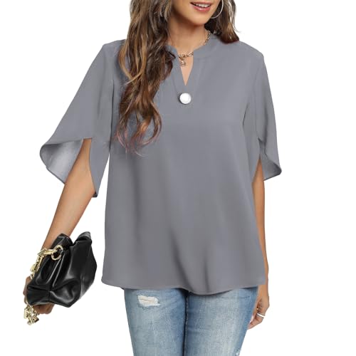 Funlingo Womens Short Sleeve Tops Dressy Casual Summer Shirts Ladies V Neck Chiffon Blouse Business Office Flowy Clothes Grey XL - Image 2