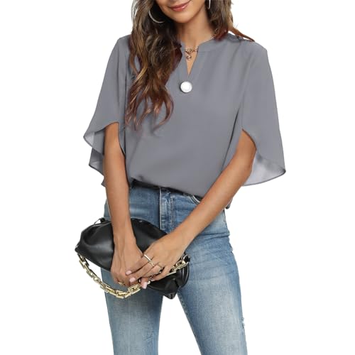 Funlingo Womens Short Sleeve Tops Dressy Casual Summer Shirts Ladies V Neck Chiffon Blouse Business Office Flowy Clothes Grey XL - Image 4