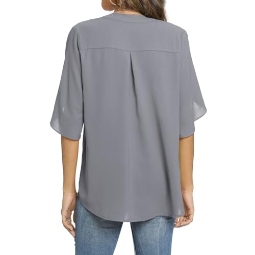 Funlingo Womens Short Sleeve Tops Dressy Casual Summer Shirts Ladies V Neck Chiffon Blouse Business Office Flowy Clothes Grey XL - Image 3