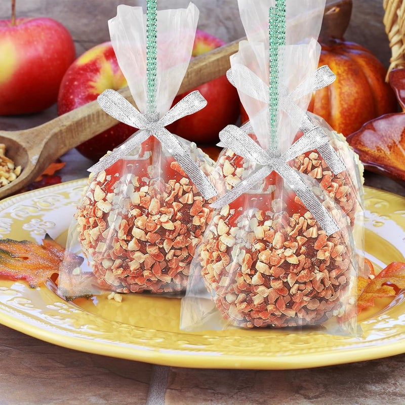 MGWOTH 24 Pack Bling Candy Apple Sticks and Bags Kits, Caramel Apple Wooden Skewers,Food Bamboo Decorative Sticks for Rice Krispie Treats Cookie Cake Pops Corn Dogs with Glass Wrapper Glitter Ribbons Tie - Image 2