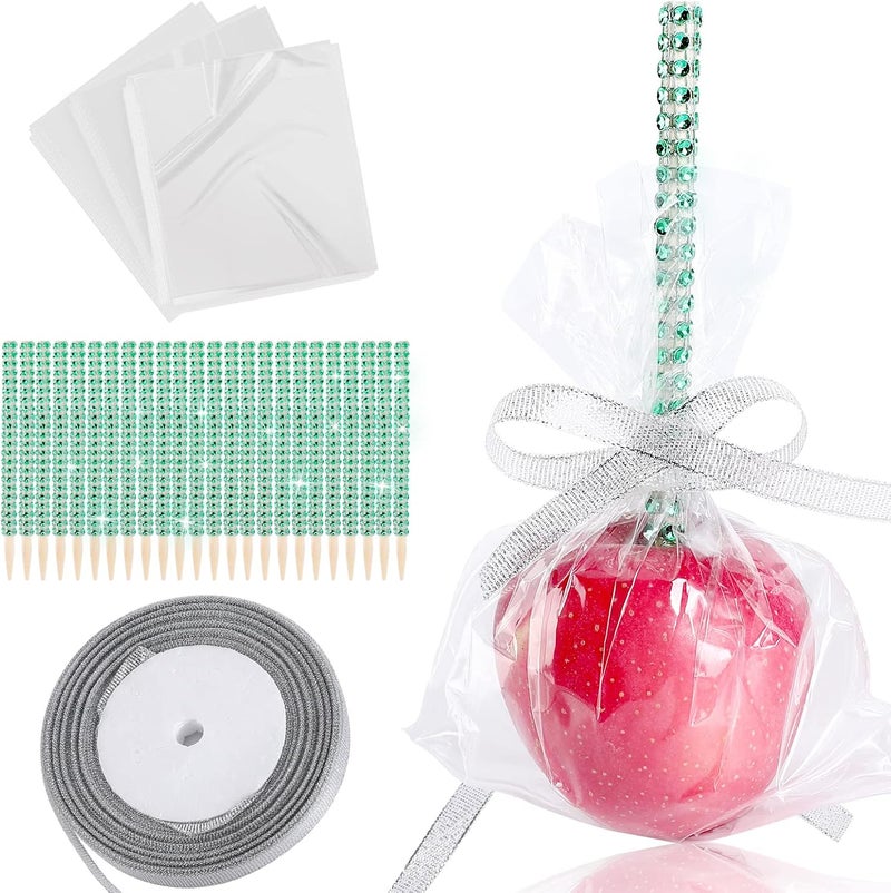 MGWOTH 24 Pack Bling Candy Apple Sticks and Bags Kits, Caramel Apple Wooden Skewers,Food Bamboo Decorative Sticks for Rice Krispie Treats Cookie Cake Pops Corn Dogs with Glass Wrapper Glitter Ribbons Tie - Image 1