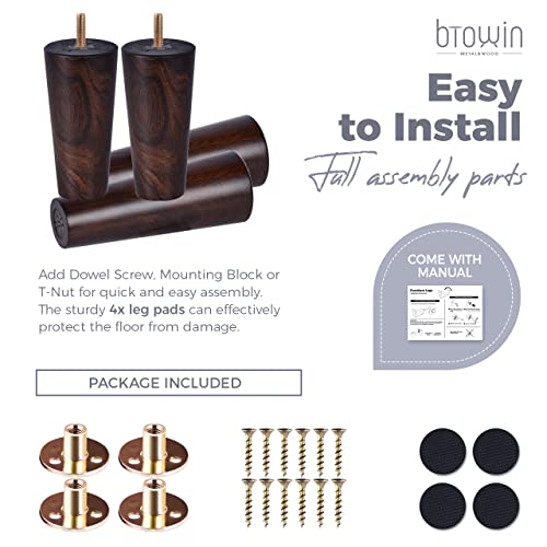 Btowin 6 inch Solid Wood Furniture Legs, 4Pcs Mid-Century Modern Wooden Wenge Tapered Replacement Feet with Threaded 5/16" Hanger Bolts & Mounting Plate for Sofa Couch Armchair Cabinet TV Stand - Image 4