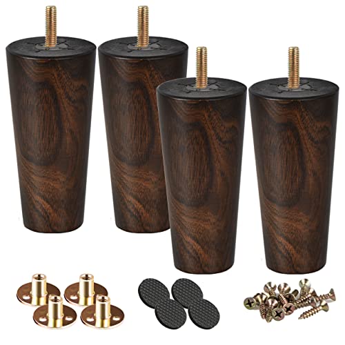 Btowin 6 inch Solid Wood Furniture Legs, 4Pcs Mid-Century Modern Wooden Wenge Tapered Replacement Feet with Threaded 5/16" Hanger Bolts & Mounting Plate for Sofa Couch Armchair Cabinet TV Stand - Image 1