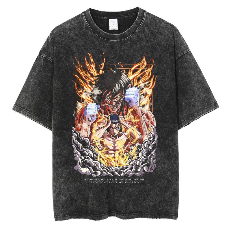 Summer Street Retro T-Shirt Cartoon Anime Graphic Men'S Fashion Cotton Top Washed Black T-Shirt - Image 2