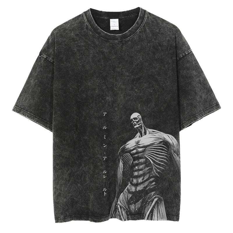 Summer Street Retro T-Shirt Cartoon Anime Graphic Men'S Fashion Cotton Top Washed Black T-Shirt - Image 3