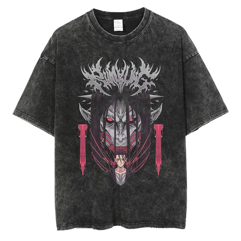 Summer Street Retro T-Shirt Cartoon Anime Graphic Men'S Fashion Cotton Top Washed Black T-Shirt - Image 1