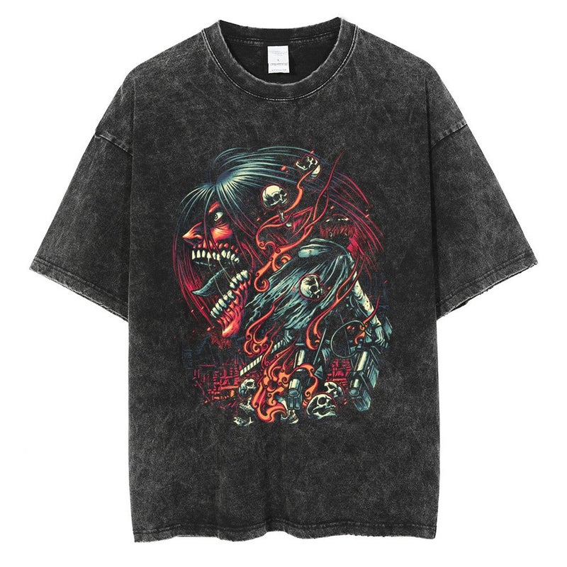 Summer Street Retro T-Shirt Cartoon Anime Graphic Men'S Fashion Cotton Top Washed Black T-Shirt - Image 4